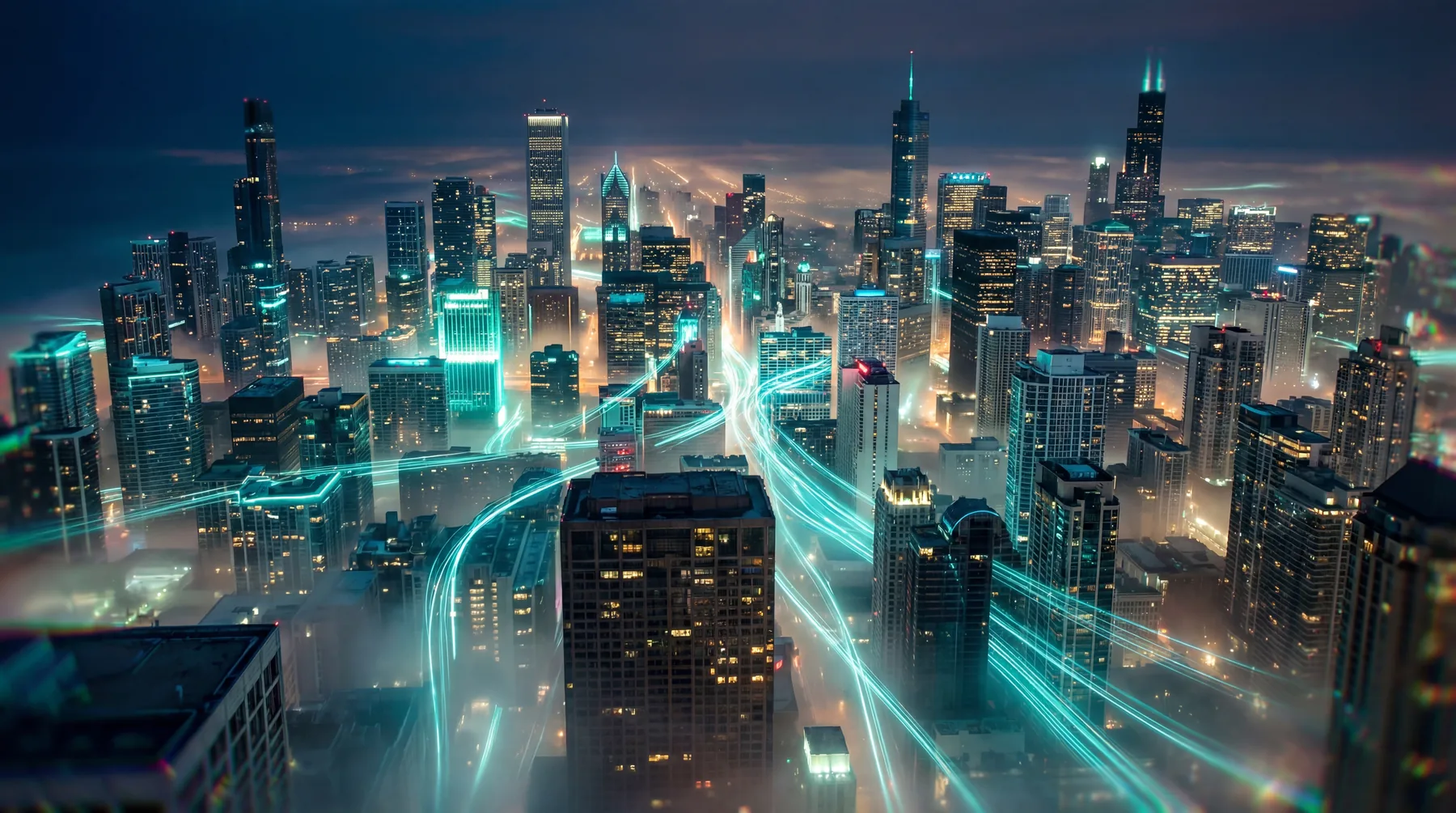 A nighttime cityscape from above, with glowing teal light streams converging through the streets — a single connected market emerging from the noise.