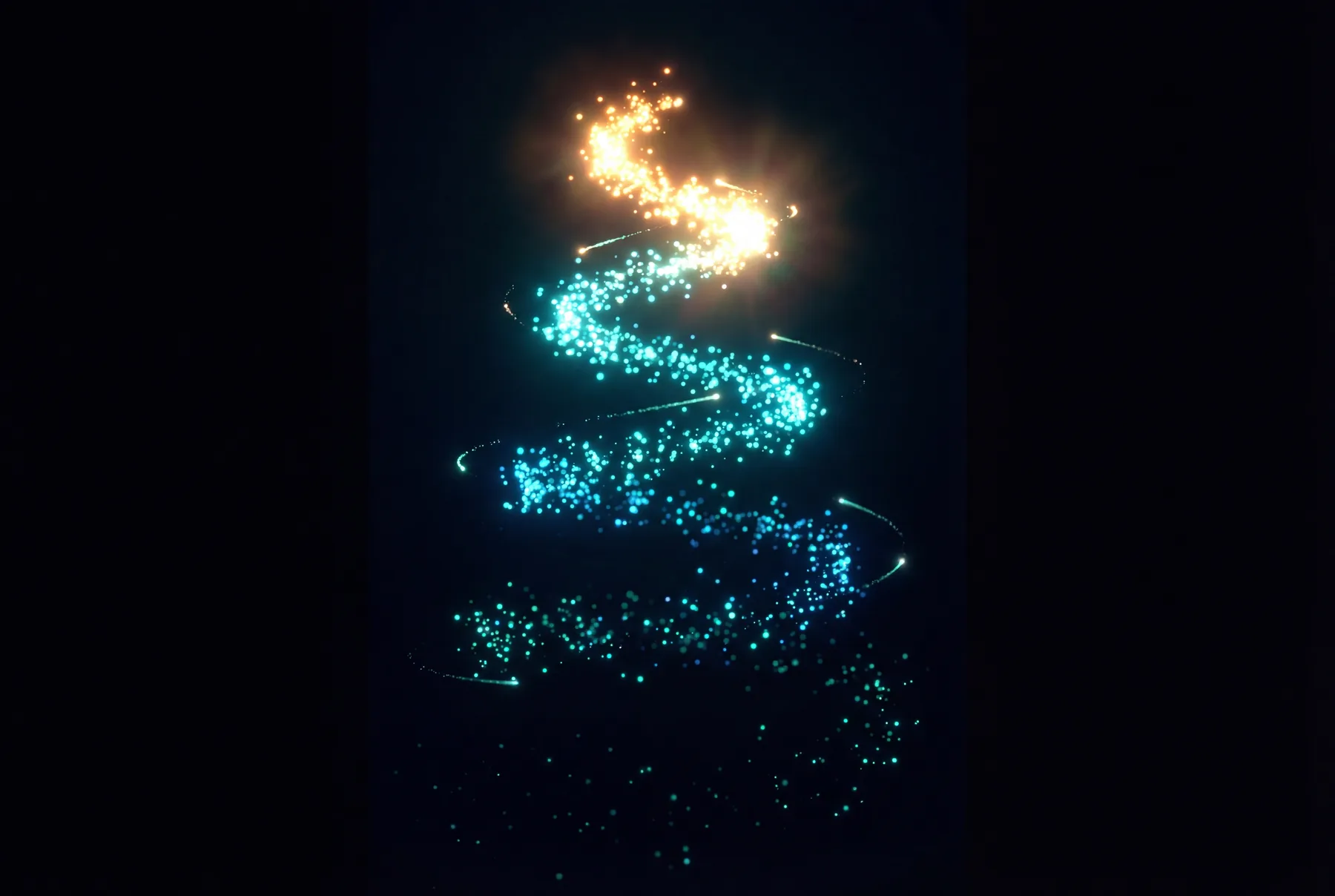 Loose particles swirling upward into a tighter spiral that ignites in a flash of warm light at the top — scattered signals consolidating into a single layer.