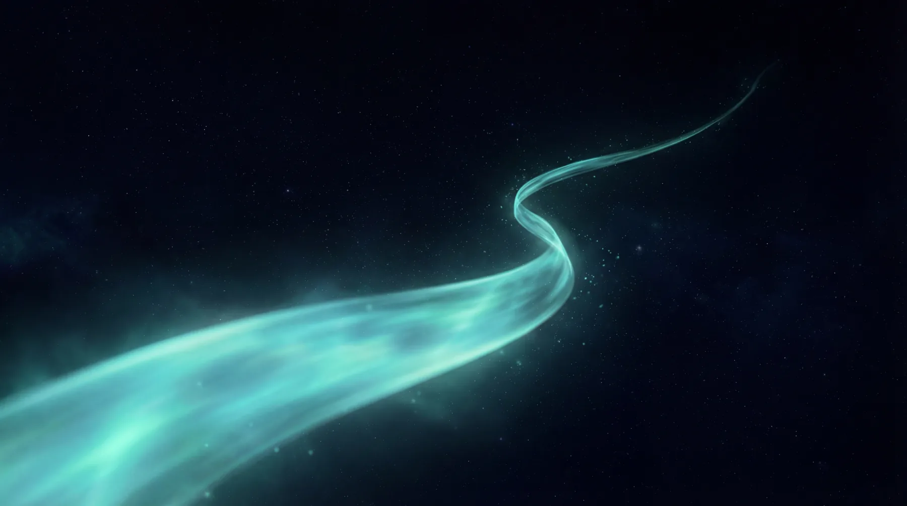 A long, flowing teal ribbon of light winding through a starfield — outreach that runs continuously rather than in waves.
