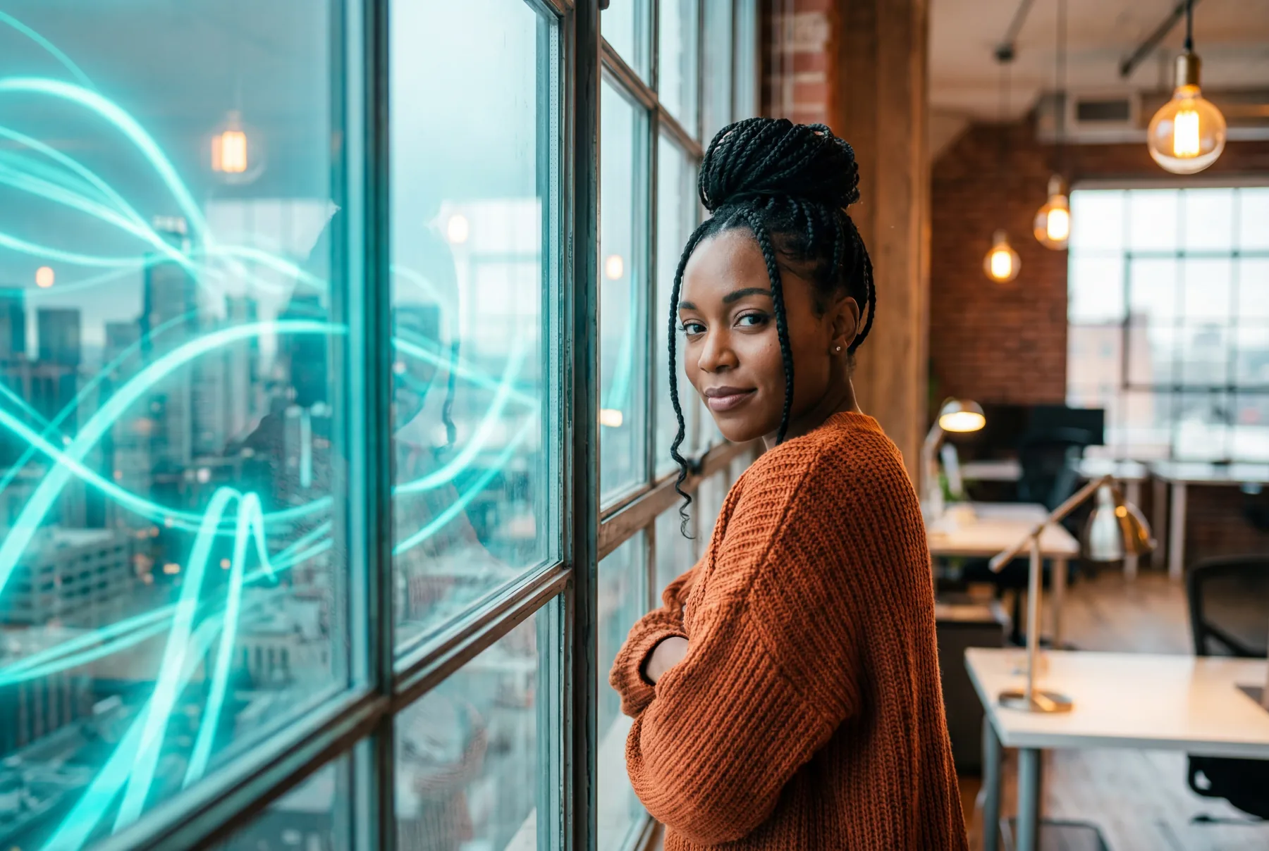 A woman in an orange sweater standing by a wall of windows in a modern office, looking out at a city skyline overlaid with curving teal light trails.