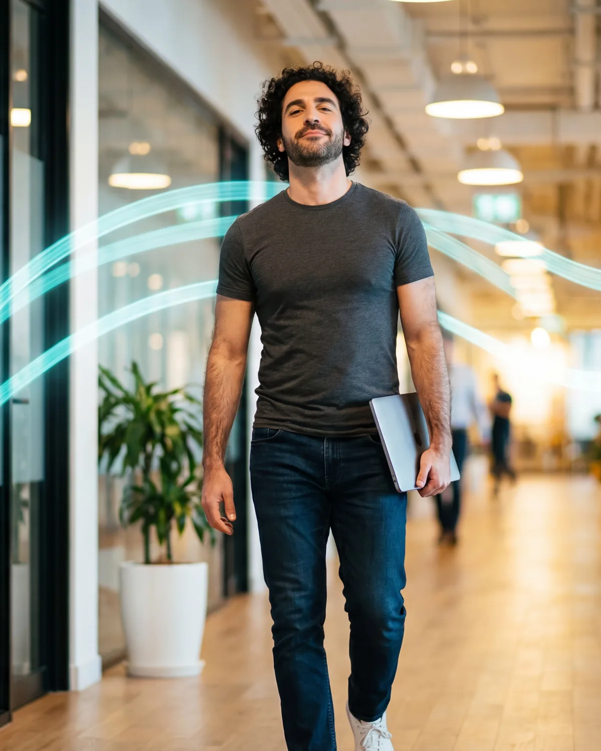 A man with curly hair walking through a bright, modern corridor carrying a laptop, with curving teal ribbons of light moving alongside him — humans and the system in motion together.